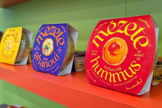Vibrant and on-trend food packaging for Middle Eastern Food brand, Mezete as seen at Expo West 2025.