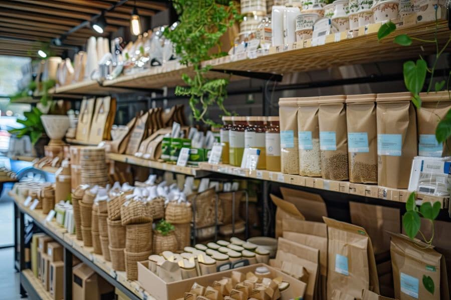A variety of sustainable packaged products on a retail shelf including paperboard and kraft paper bags, boxes, jars, and glass bottles with bamboo lids