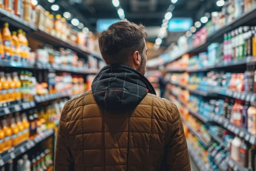 Masculine person stands in the middle of a grocery store aisle looking at food packaging on retail shelves