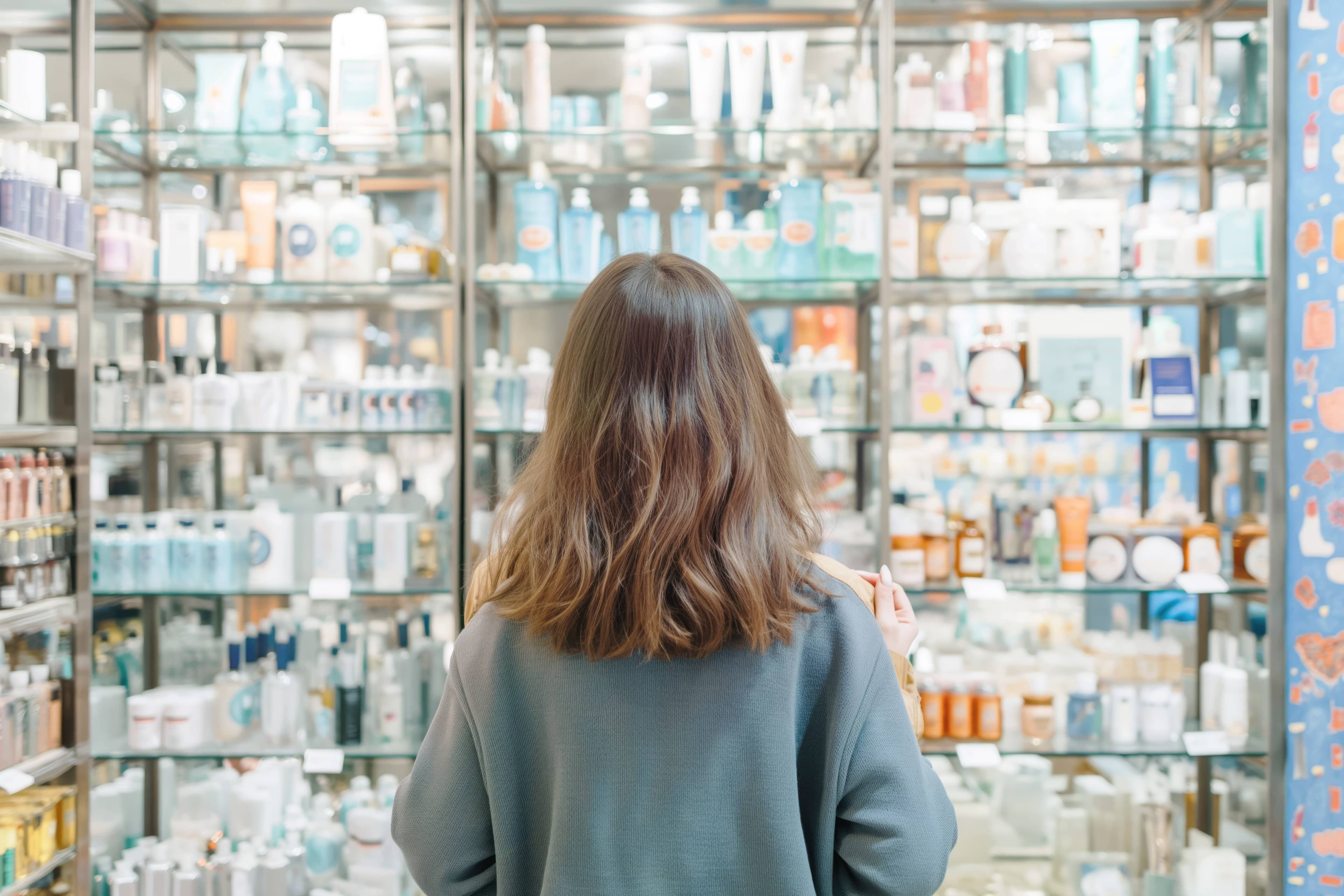 Backview of young brunette woman choosing cosmetics in a beauty store