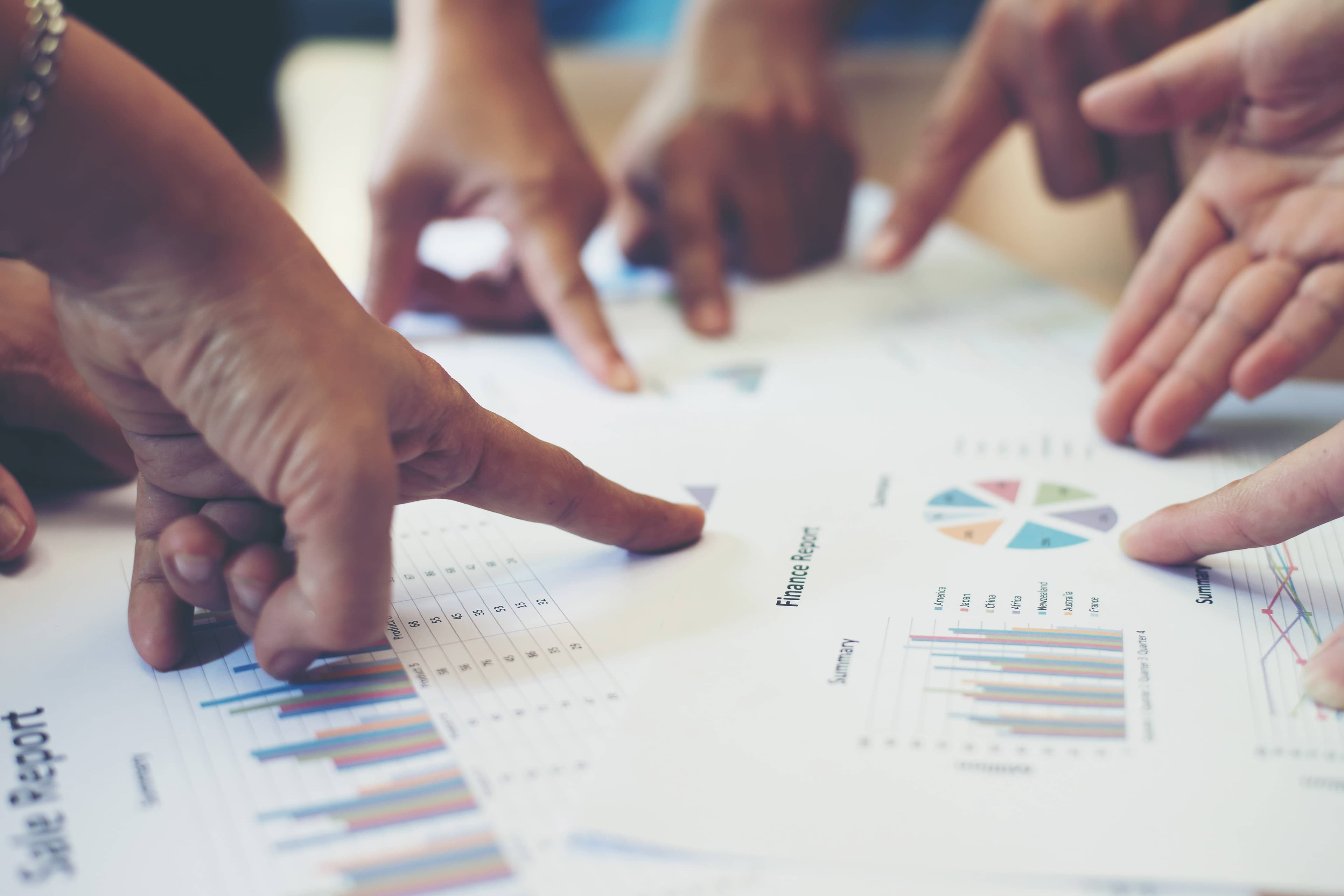 People reviewing financial reports and collaborating on packaging solutions