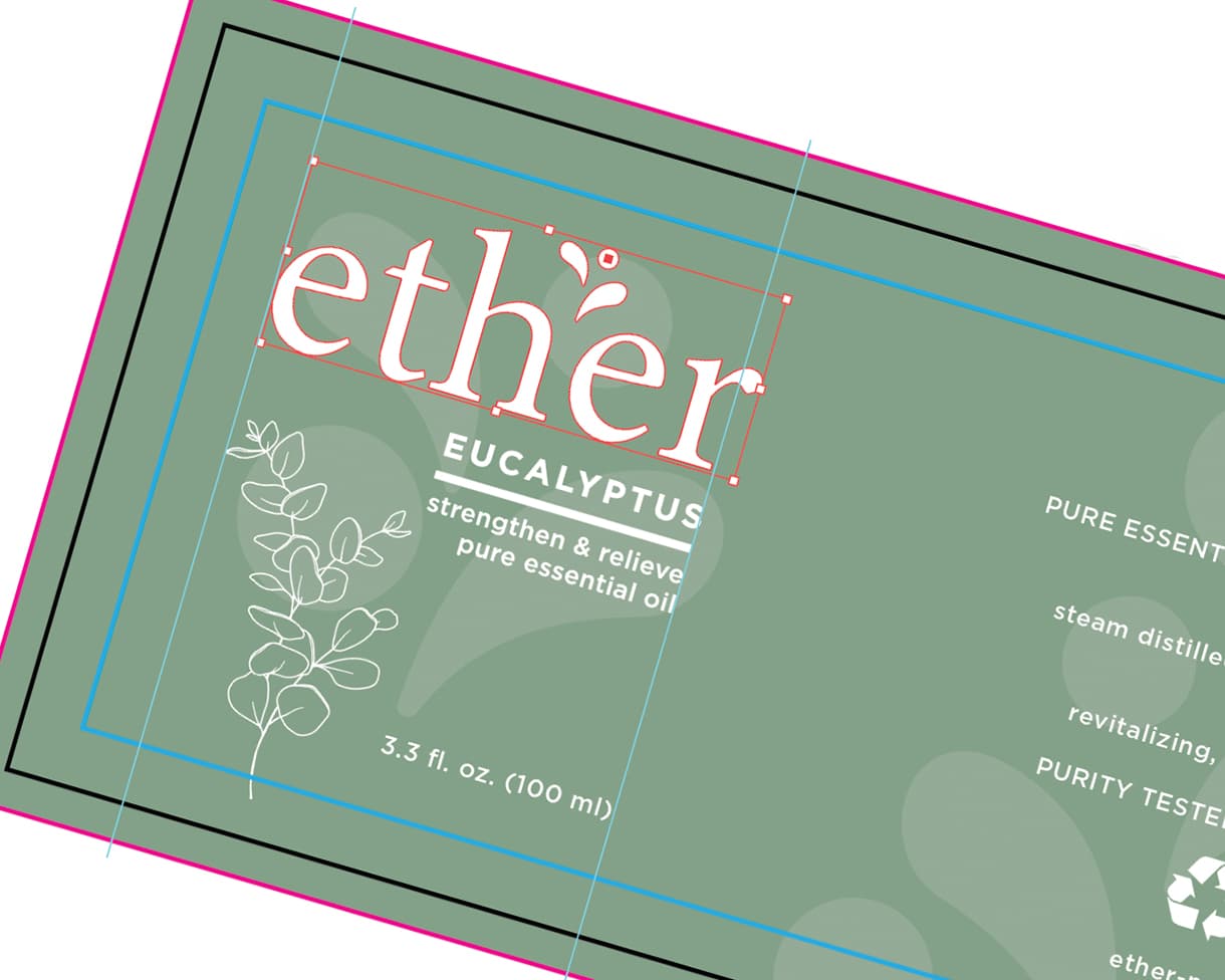 Essential oil bottle label mockup with dieline outlines