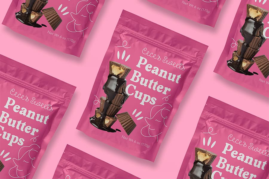 Pink Pouch flexible packaging for peanut butter cups