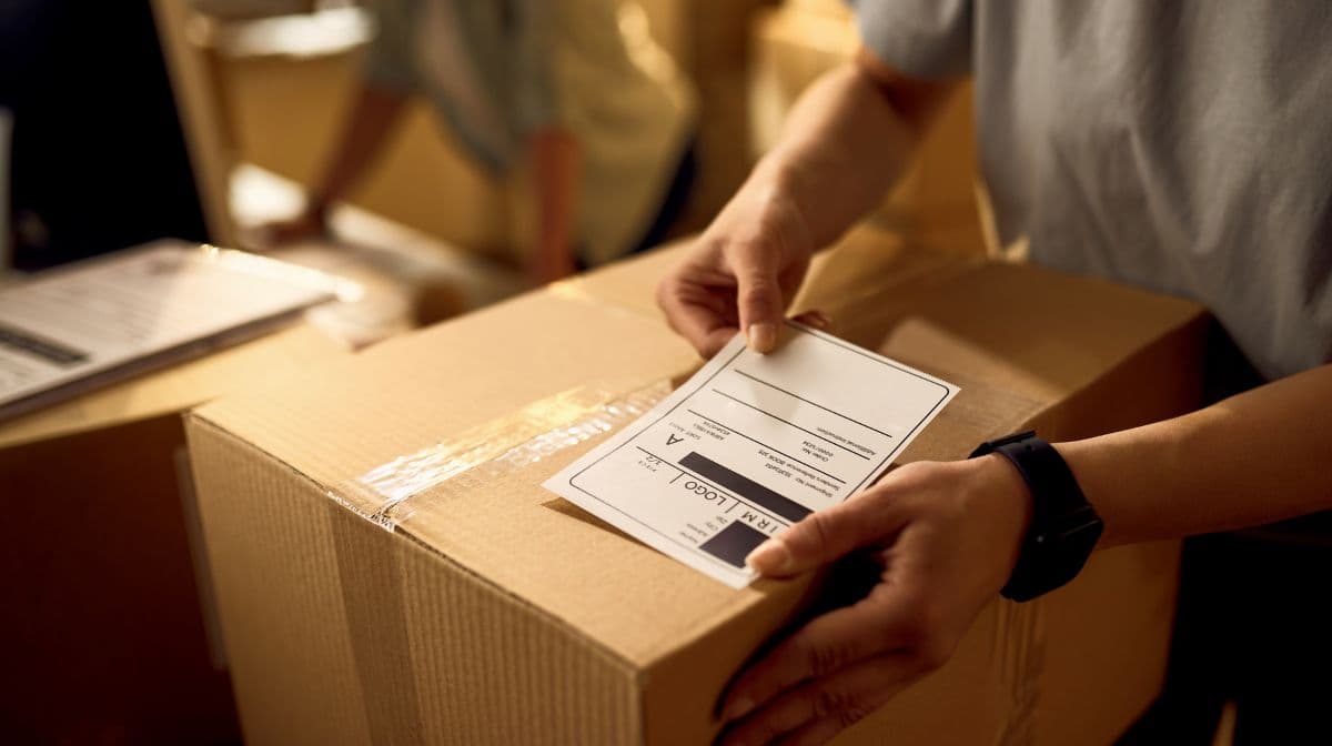 person affixing label for shipping products