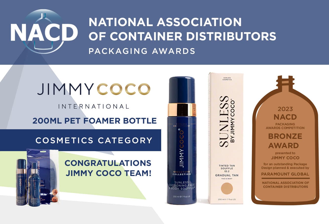 Paramount Global wins bronze in the 2023 NACD Packaging Awards for Jimmy Coco Sunless Cosmetics bottle.