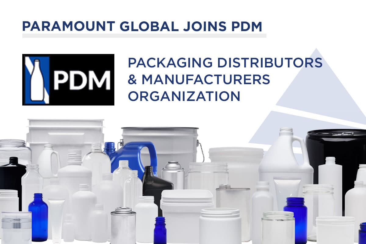 Paramount joins PDM (Packaging Distributors and Manufacturers) organization with images of bottles.