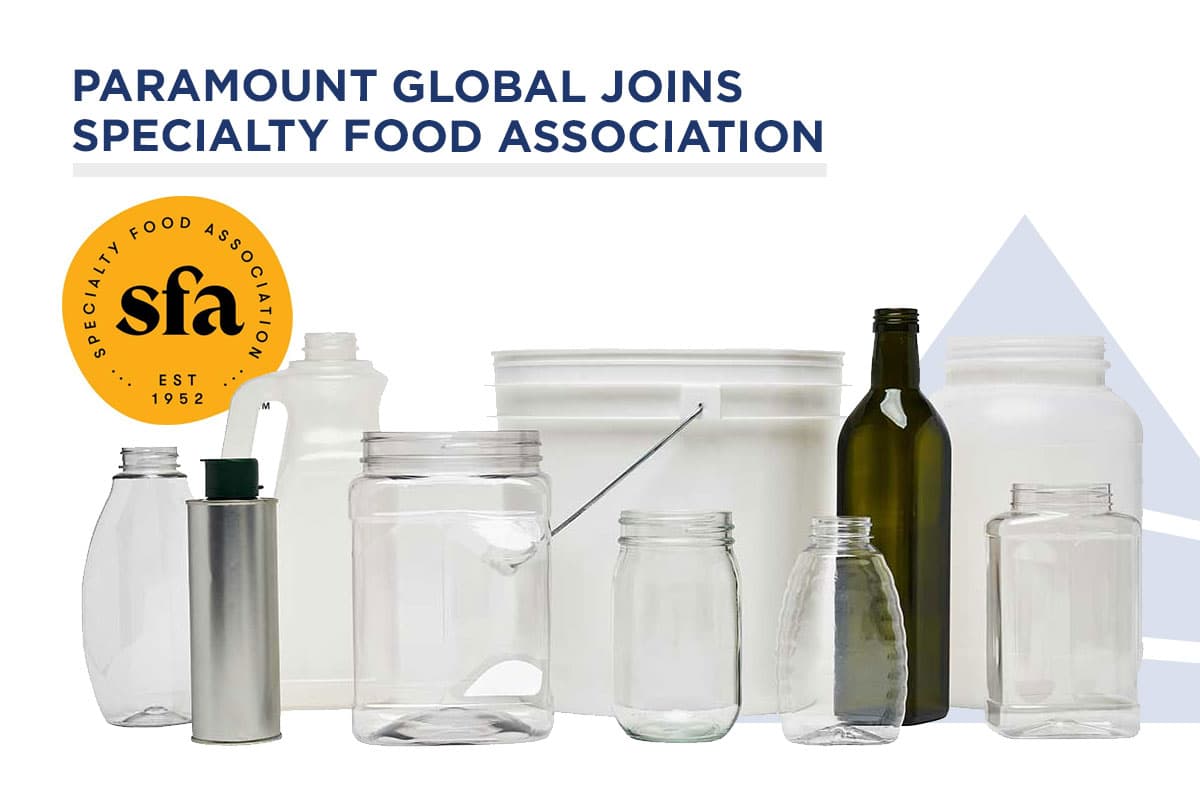 Image banner announcing Paramount Global joining Specialty Food Association featuring Specialty Food Association's logo and food containers including bottles, jars, pails, and other food packaging.