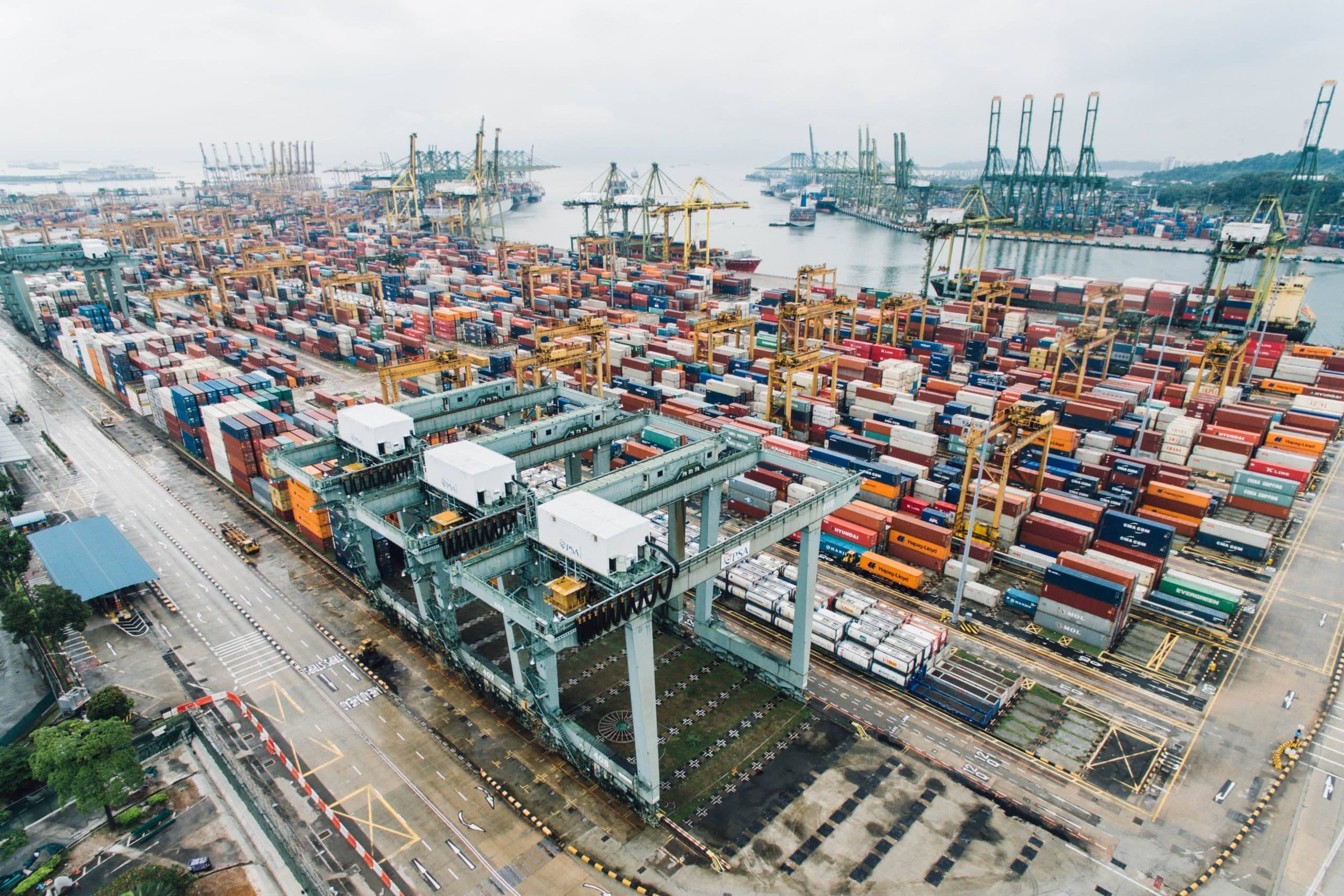 View of shipping containers in a port