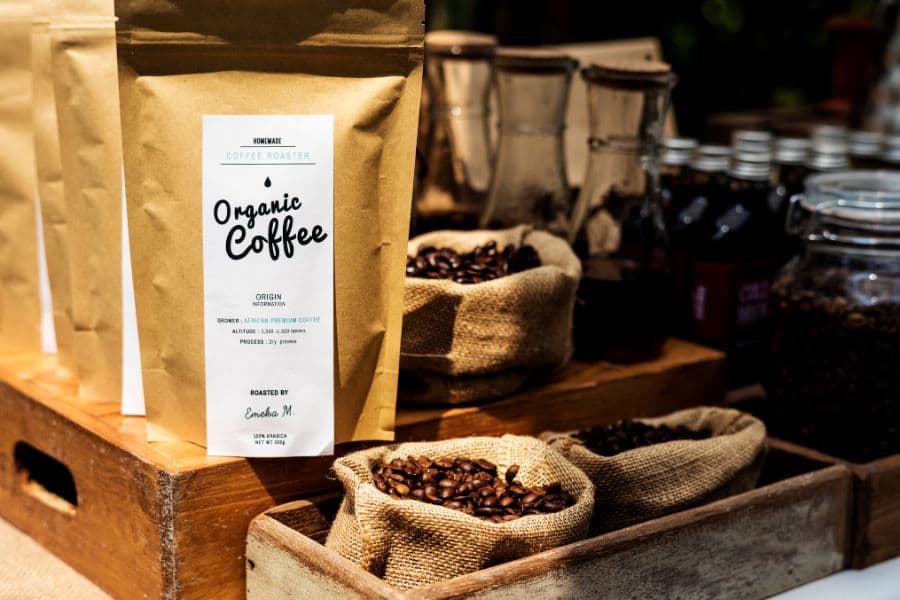 labeled resealable paper pouch used for coffee beans