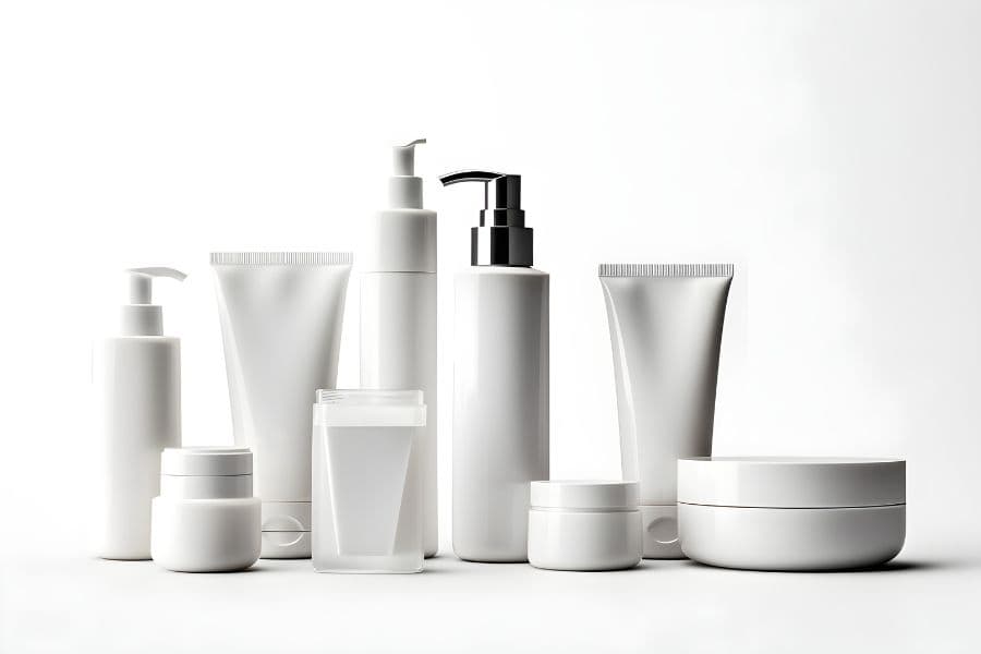 a selection of skincare packaging solutions including bottles with pumps, tubes, and jars.