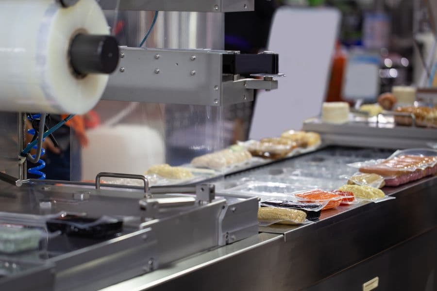 food products being run through a vacuum sealing machine.