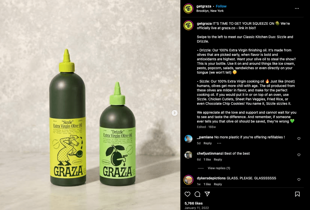 Chaos Packaging example: Graza Olive Oil in squeeze bottles.