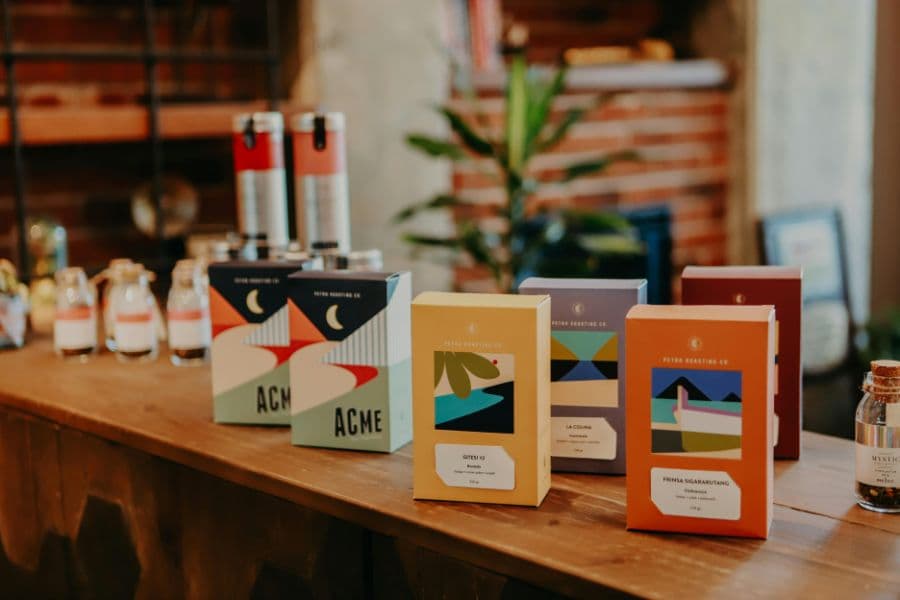 Packaging design featuring bold colors and organic shapes