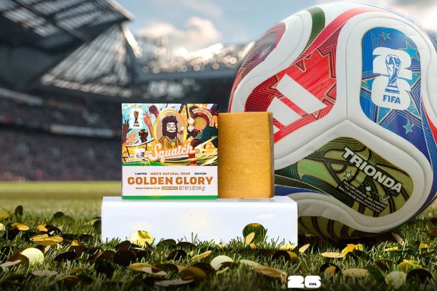 Dr. Squatch’s special edition Golden Glory bar soap packaging features bold celebratory graphics, and the bar itself is golden yellow and is crisp bergamot and fresh cotton scented.