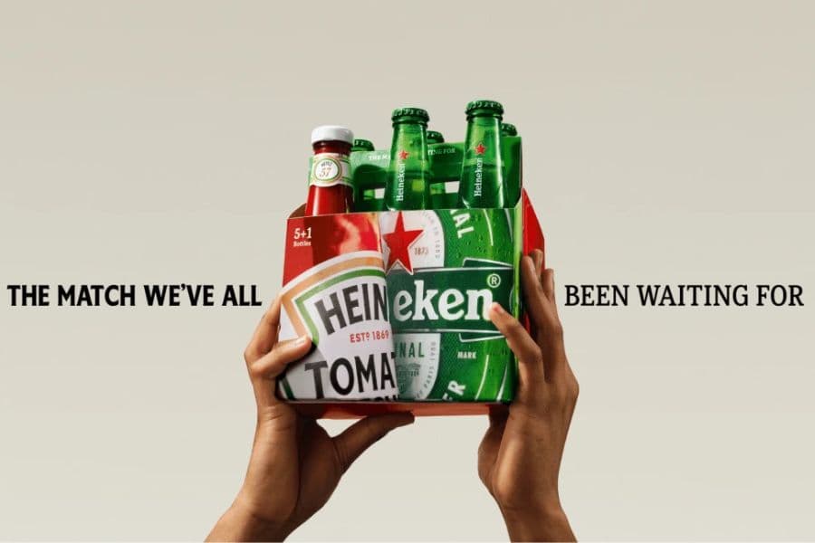 Heinz and Heineken case with 5 Heineken Beers and 1 bottle of Heinz Ketchup