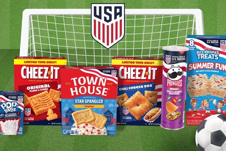 Kellanova lineup for World Cup featuring Pop-Tarts, Cheez-It, Town House Crackers, Pringles, and Rice Krispies Treats.